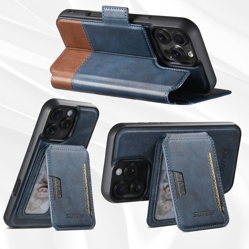 Suteni For Iphone 14 Pro Q06S3 3-In-1 Splicing Detachable Vertical Flip Wallet Magsafe Leather Phone Case(Blue) - Image 3