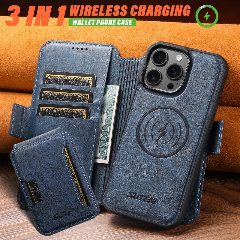 Suteni For Iphone 14 Pro Q06S3 3-In-1 Splicing Detachable Vertical Flip Wallet Magsafe Leather Phone Case(Blue) - Image 4