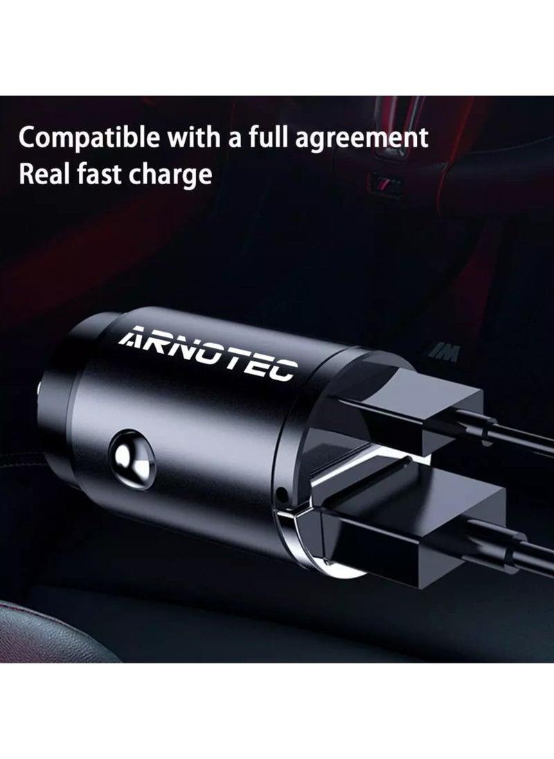 Mini Ring Car Charger, PD 30W and QC 3.0 Quick Charge USB + Type-C, Fast Charging for Mobile Phones  & Other Devices, Compact and Safe for 12V-24V Cars