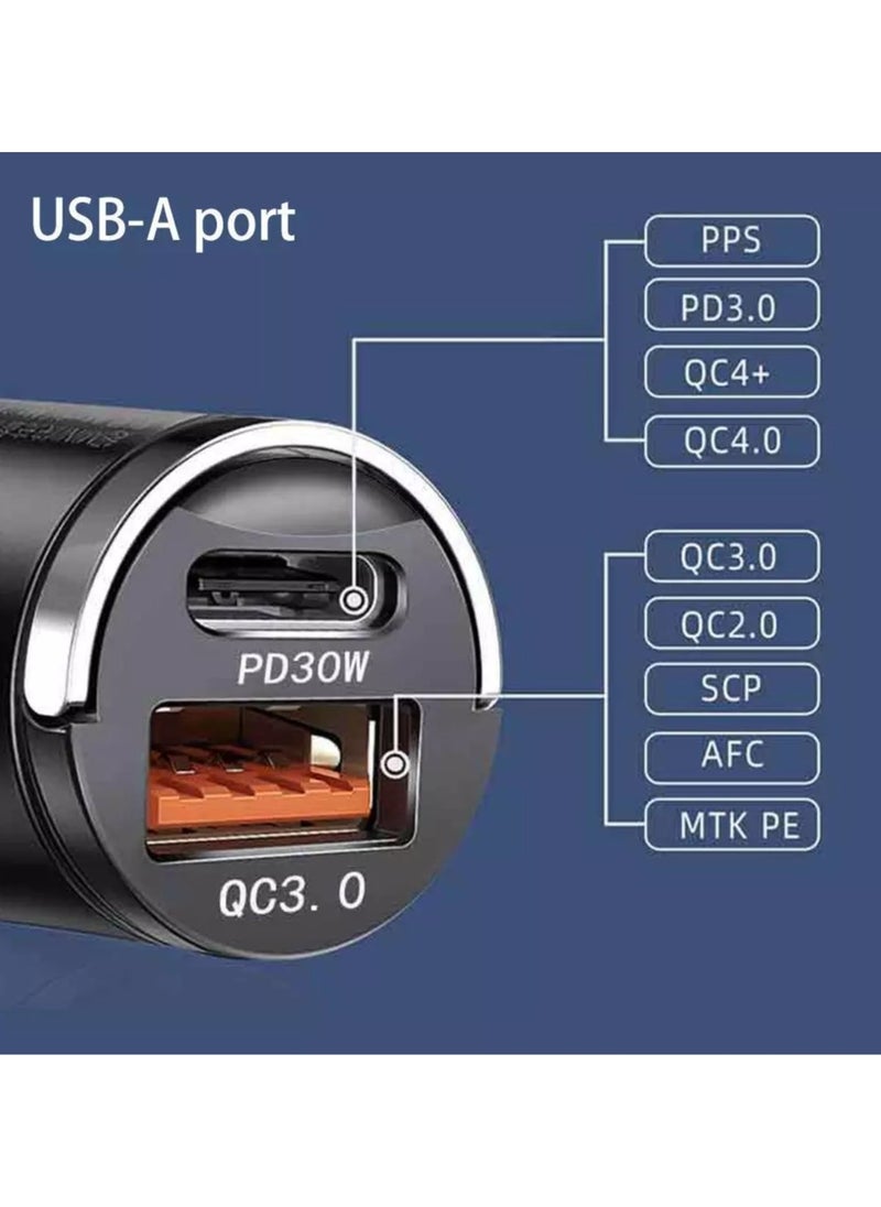 Mini Ring Car Charger, PD 30W and QC 3.0 Quick Charge USB + Type-C, Fast Charging for Mobile Phones  & Other Devices, Compact and Safe for 12V-24V Cars