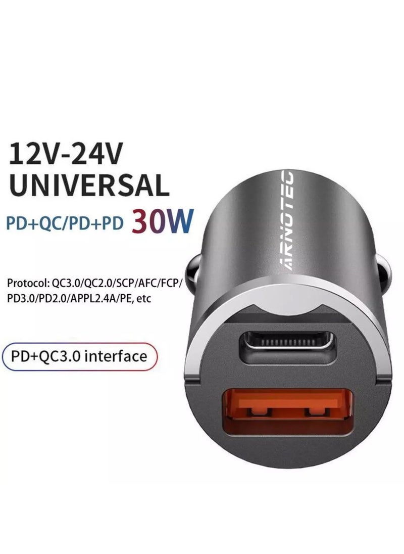 Mini Ring Car Charger, PD 30W and QC 3.0 Quick Charge USB + Type-C, Fast Charging for Mobile Phones  & Other Devices, Compact and Safe for 12V-24V Cars
