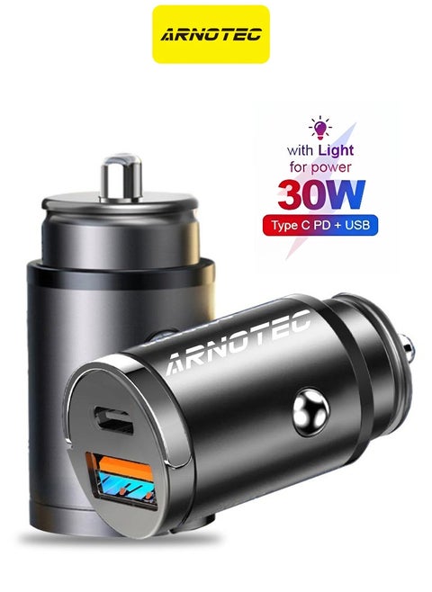 Mini Ring Car Charger, PD 30W and QC 3.0 Quick Charge USB + Type-C, Fast Charging for Mobile Phones  & Other Devices, Compact and Safe for 12V-24V Cars