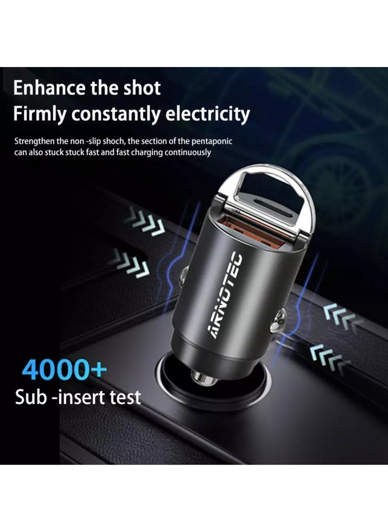 Mini Ring Car Charger, PD 30W and QC 3.0 Quick Charge USB + Type-C, Fast Charging for Mobile Phones  & Other Devices, Compact and Safe for 12V-24V Cars