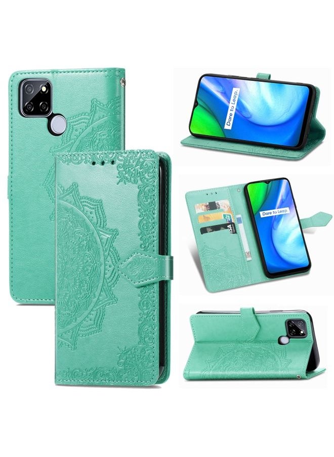 HuHa Case Cover For Realme V3 Mandala Flower Embossed Horizontal Flip Leather Case with Holder & Three Card Slots & Wallet & Lanyard Green 