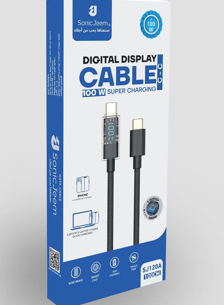 SONIC JEEM Sonic Gym Super Charging Cable GOLD PLATED INTER FACE, 100W TYPE-C TO TYPE-C, Digital Display, 1m, Black - Image 5