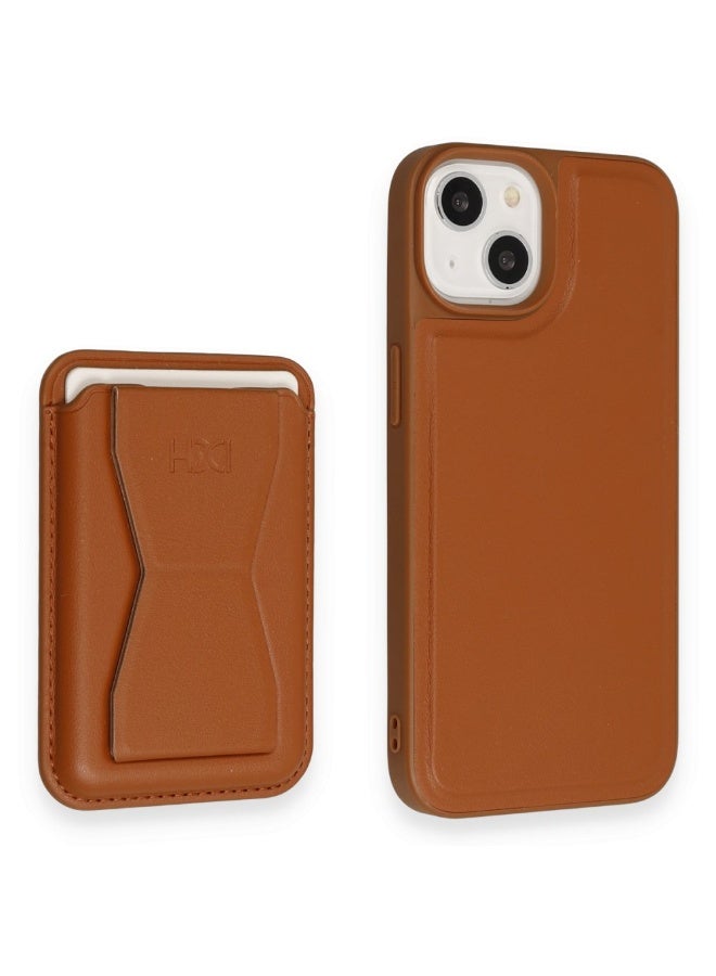 HDD Leather Magnetic Business Card Case for iPhone 15 – Luxury Anti-Slip Shockproof Cover with Card Slot & Soft Suede Lining – Brown - Image 4