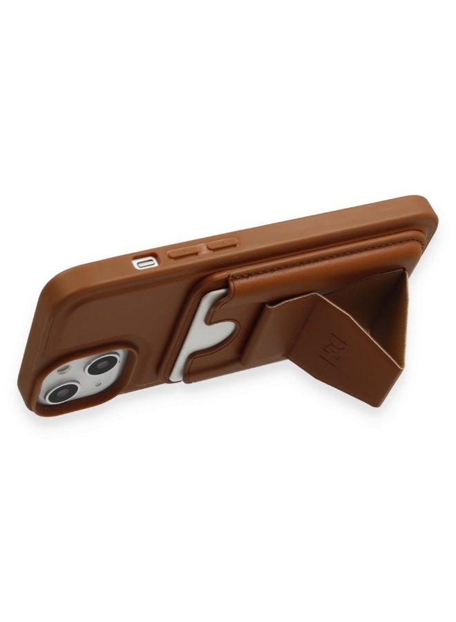 HDD Leather Magnetic Business Card Case for iPhone 15 – Luxury Anti-Slip Shockproof Cover with Card Slot & Soft Suede Lining – Brown - Image 2