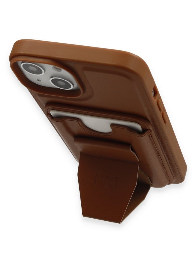 HDD Leather Magnetic Business Card Case for iPhone 15 – Luxury Anti-Slip Shockproof Cover with Card Slot & Soft Suede Lining – Brown - Image 3