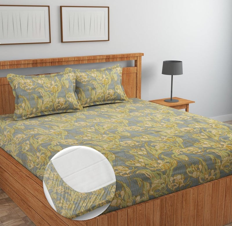 NEW LEAF Pure Cotton Full Elastic Fitted Bedsheets for Double King Size Bed with 2 Pillow Covers 220 TC Supersoft |Wrinkel Free Bed Cover Size - 72x78+10 inches, Grey Mustarded - Image 1