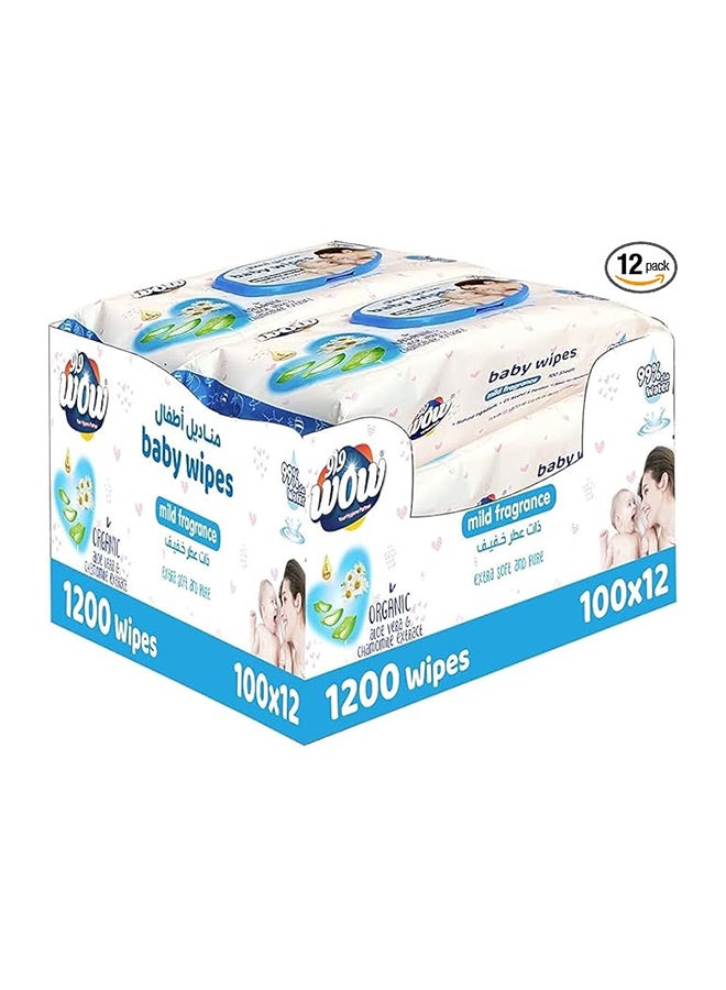 WOW Baby Wipes - Mild Fragrance 99% Water Wipes | Extra Thick Long Wipes with Organic Aloe Vera, Chamomile Extract and Vitamin E, Gentle on sensitive skin| 100's Pack of 12 | 1200 Sheets