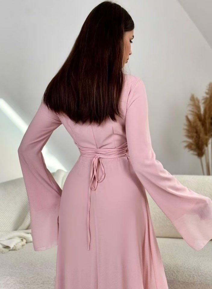 Madam Uniq Light Pink Long - Sleeve Maxi Dress with Asymmetric Cut - Out and Choker Neckline - Image 2