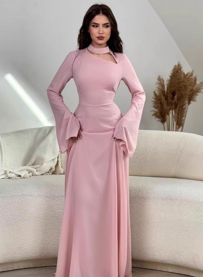 Madam Uniq Light Pink Long - Sleeve Maxi Dress with Asymmetric Cut - Out and Choker Neckline - Image 1
