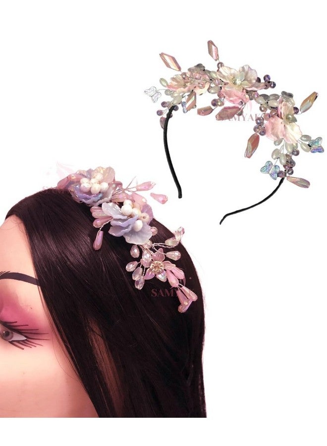 Samyak Pearl & Crystal Hair Band Accessories For Women & Girls, Stylish Tiara Headband For Wedding Party Juda Bun Fashion For Bridal Hair Decoration Accessory (Pink, Pearl & Crystal) - Image 1