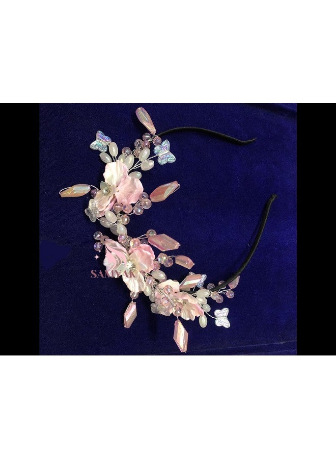 Samyak Pearl & Crystal Hair Band Accessories For Women & Girls, Stylish Tiara Headband For Wedding Party Juda Bun Fashion For Bridal Hair Decoration Accessory (Pink, Pearl & Crystal) - Image 5