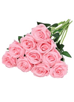Generic Artificial Rose Flower Pink Silk Roses with Long Stem Flowers Bouquet Fake Bridal Wedding Bouquet for Wedding Party Home Floral Decor Pack of 10  - Image 1