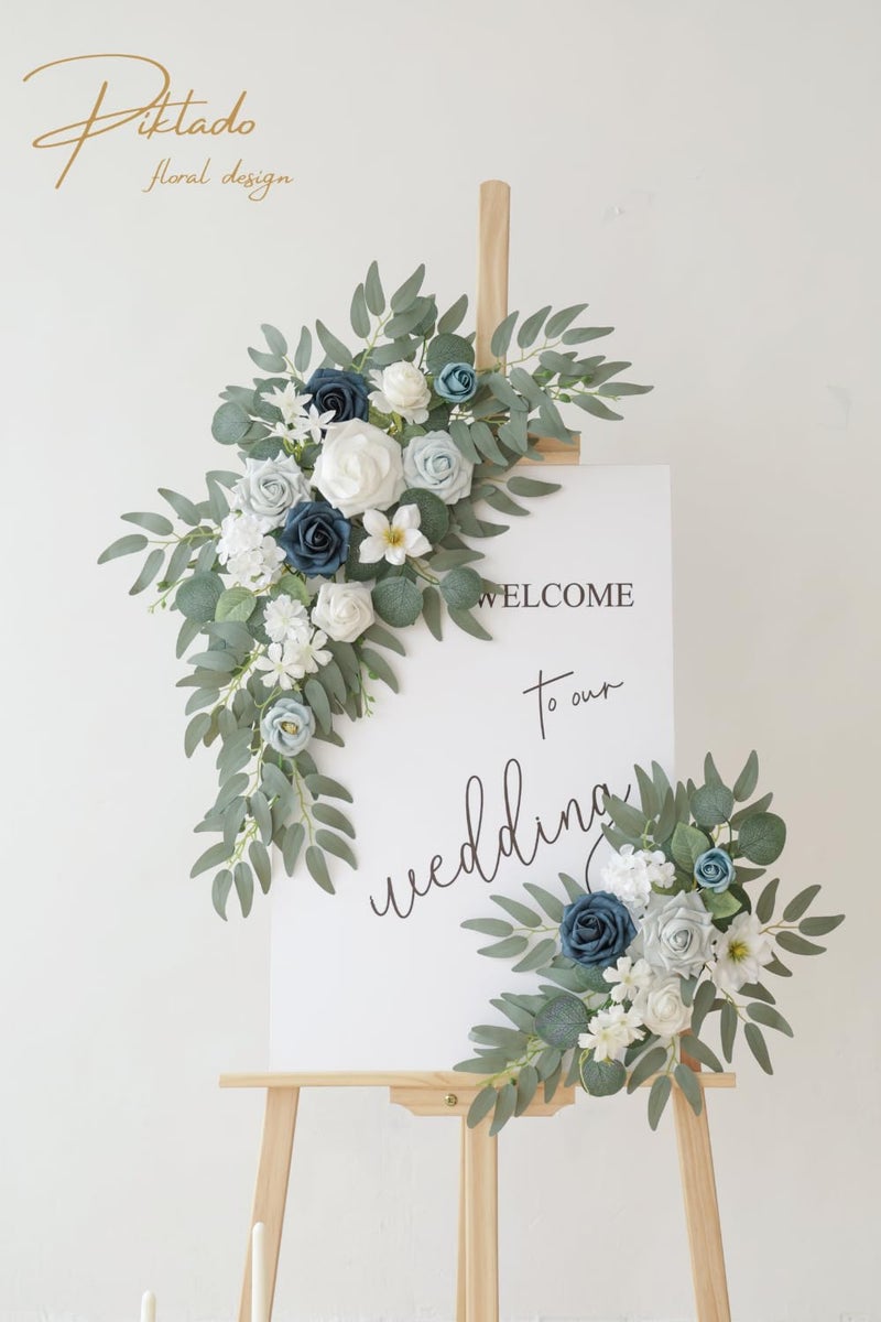 Piklado Faux Flower Swag Set of 2 for Wedding Welcome Signs Floral Swag Wedding Reception Ceremony Signs Decor (A-White Blue) - Image 2