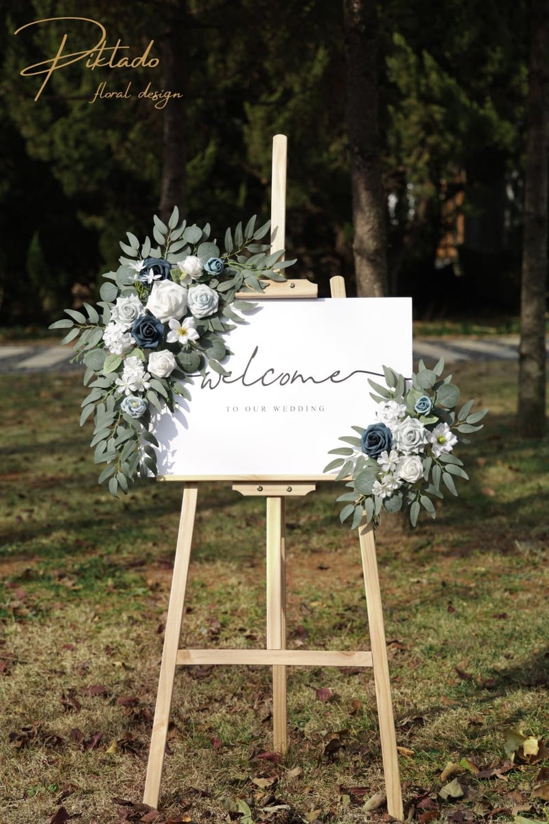 Piklado Faux Flower Swag Set of 2 for Wedding Welcome Signs Floral Swag Wedding Reception Ceremony Signs Decor (A-White Blue) - Image 3