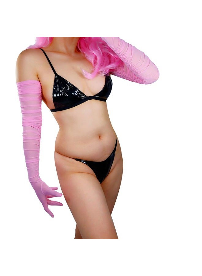DooWay Women's Tulle Super Long Gloves Black TECH Touchscreen Stretchy Lace Mesh Semi Sheer Opera Halloween Evening Gloves, Pink, M - Image 1