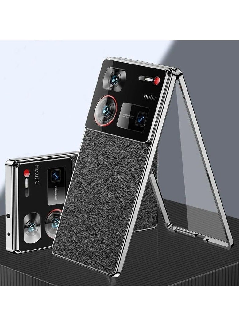 Case Compatible with ZTE Nubia Z60 Ultra,Magnetic Adsorption Lens Protector 360 Full Body Aluminum Frame Premium Leather Hybrid Tempered Glass Cover for Nubia Z60 Ultra