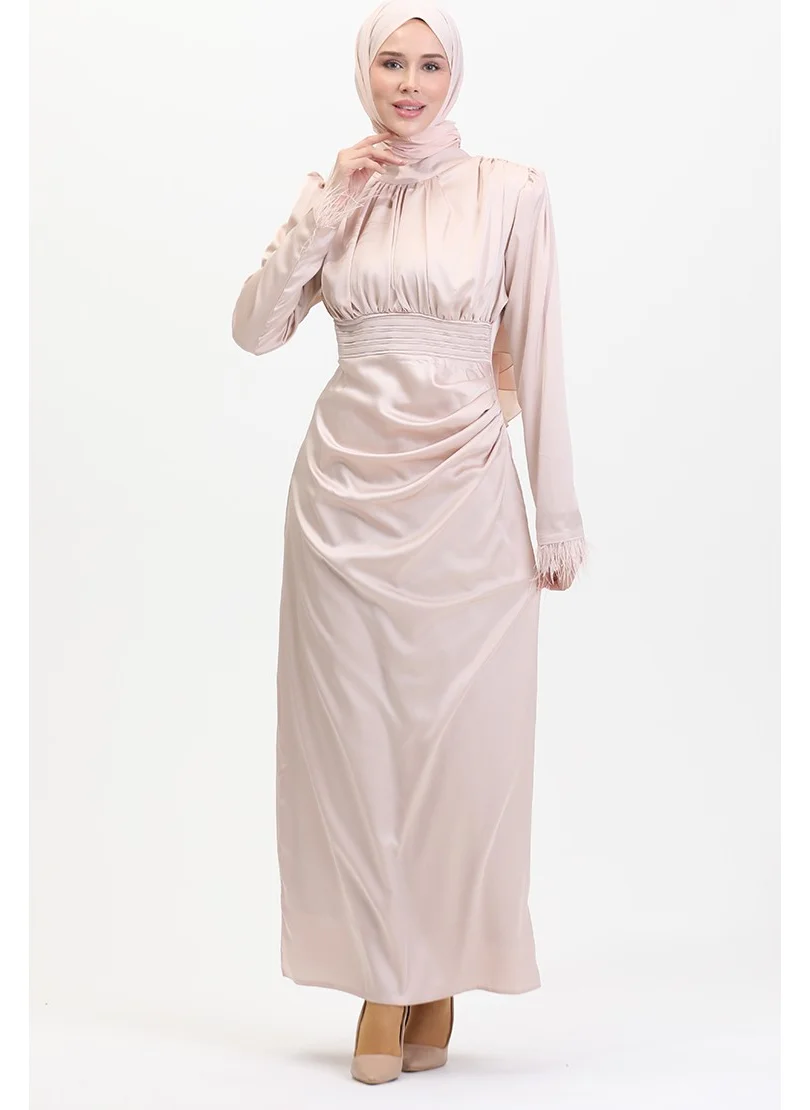 سيفا ميرفي Pleated Detailed Satin Evening Dress 6374-04 Cream