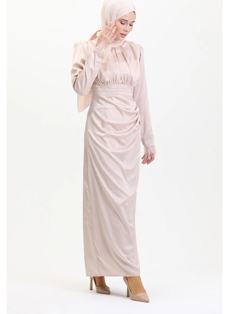 سيفا ميرفي Pleated Detailed Satin Evening Dress 6374-04 Cream