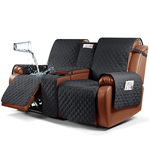 Ruaozz Waterproof Recliner Loveseat Cover with Console, Non-Slip Couch Cover Pet Cover for Double Recliner Split Sofa Cover with Elastic Straps for Kids, Dogs, Pets (Black, 2 Seater) - Image 1
