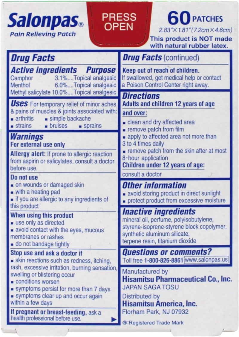 Salonpas Pain Relieving Patches 283 x 181 60 Count Pack 3 - Image 2