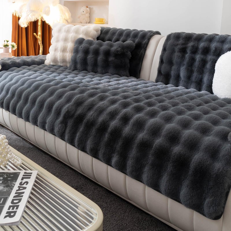 MDSASFD Faux Fur Couch Cover, Soft Warm Plush Sofa Couch Cover, Non Slip Sectional Sofa Slipcovers, Washable Furniture Protector for Kids, Dogs, L Shaped Armrest Backrest Cover(Dark Grey, 28"x 28") - Image 1