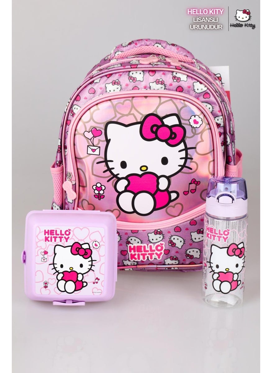 Hello Kitty حقيبة مدرسة ابتدائية جديدة من مجموعة عالم لامع الخاصة المرخصة، صندوق غداء وزجاجة ماء تريتان  - Image 1