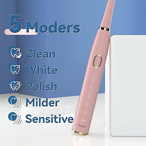7AM2M Sonic Electric Toothbrush for Adults and Kids- High Power Rechargeable Toothbrushes with 8 Brush Heads,5 Adjustable Modes, Built-in 2-Minute Smart Timer,4 Hours Fast Charge for 30 Days(Pink) - Image 3