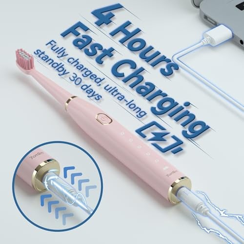 7AM2M Sonic Electric Toothbrush for Adults and Kids- High Power Rechargeable Toothbrushes with 8 Brush Heads,5 Adjustable Modes, Built-in 2-Minute Smart Timer,4 Hours Fast Charge for 30 Days(Pink) - Image 4