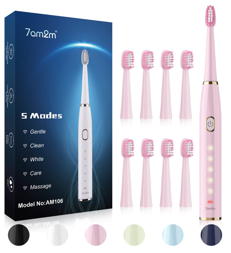 7AM2M Sonic Electric Toothbrush for Adults and Kids- High Power Rechargeable Toothbrushes with 8 Brush Heads,5 Adjustable Modes, Built-in 2-Minute Smart Timer,4 Hours Fast Charge for 30 Days(Pink) - Image 1