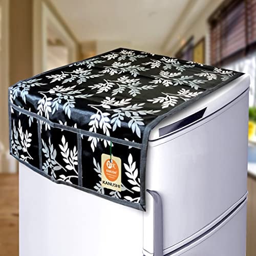 KANUSHI Industries® 1Pc Fridge Cover for Top with 6 Utility Pockets + 2 Handles Covers + 3 Fridge Mats (FRI-Black-Small-Leave+2-Handle+M-15-03) - Image 2