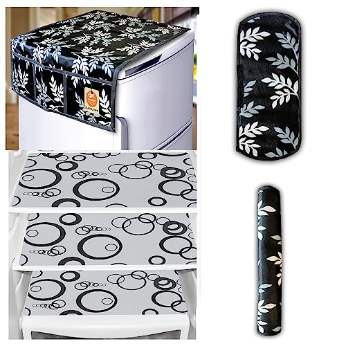 KANUSHI Industries® 1Pc Fridge Cover for Top with 6 Utility Pockets + 2 Handles Covers + 3 Fridge Mats (FRI-Black-Small-Leave+2-Handle+M-15-03) - Image 1