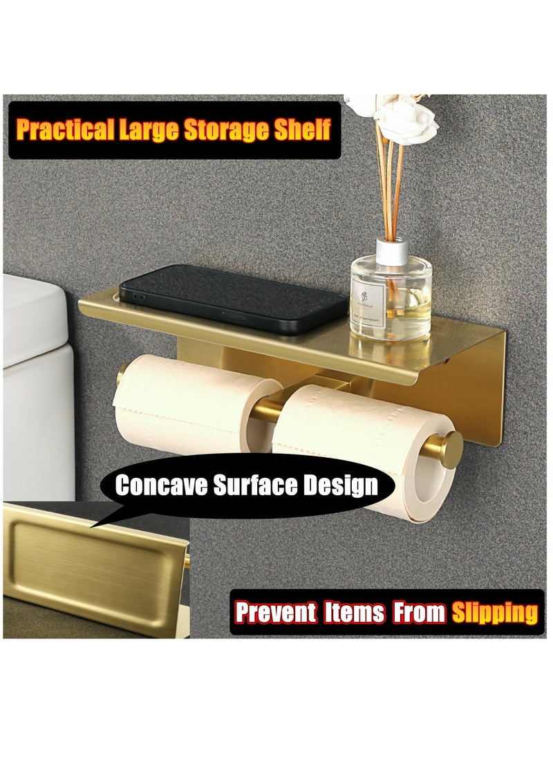 Excefore - Double Toilet Paper Holder, Bathroom Tissue Holder with Shelf, SUS304 Stainless Steel Toilet Paper Roll Holder Storage Dispenser, Self Adhesive or Wall Mount Drilling Paper Rack, Brushed Golden - Image 1