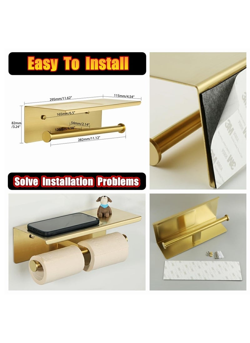 Excefore - Double Toilet Paper Holder, Bathroom Tissue Holder with Shelf, SUS304 Stainless Steel Toilet Paper Roll Holder Storage Dispenser, Self Adhesive or Wall Mount Drilling Paper Rack, Brushed Golden - Image 1