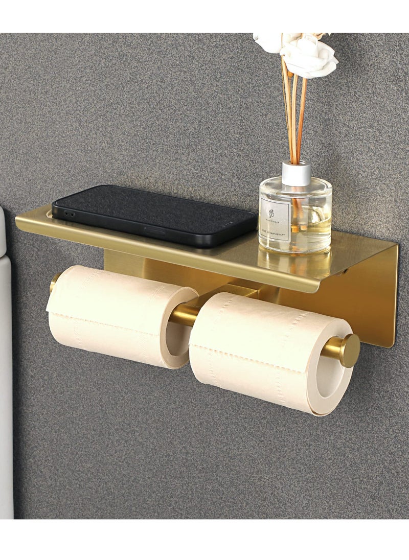 Excefore - Double Toilet Paper Holder, Bathroom Tissue Holder with Shelf, SUS304 Stainless Steel Toilet Paper Roll Holder Storage Dispenser, Self Adhesive or Wall Mount Drilling Paper Rack, Brushed Golden - Image 1