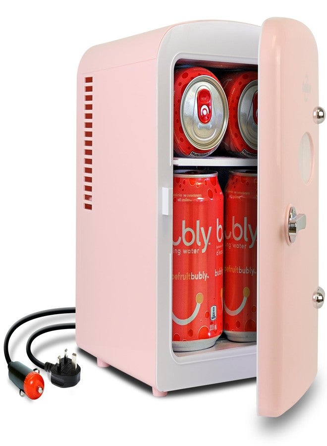 Koolatron Retro Mini Fridge For Bedrooms 4L Small Fridge 6 Can Table Top Fridge Quiet Mini Fridges For Skincare Food Drinks Kids Home Car & Travel 12v Portable Cooler Refrigerator, Pink