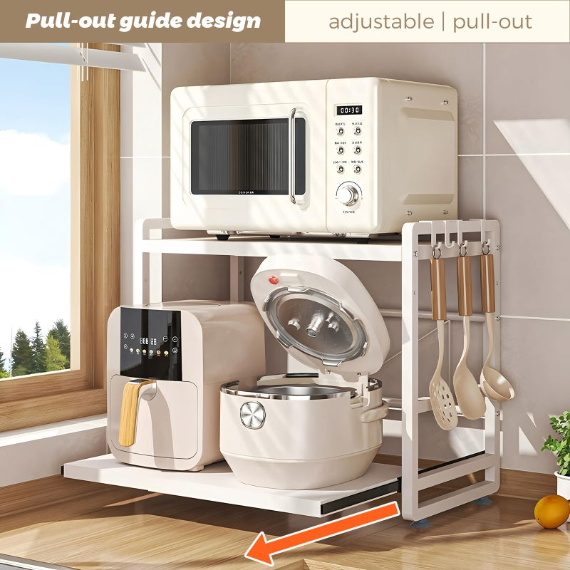 BeSokar 2-Tier Microwave Rack - Height Adjustable & Extendable Kitchen Shelf with Drawer - Carbon Steel - Includes Hooks & Reinforcement Suction Cups - Easy Assembly (White) - Image 3