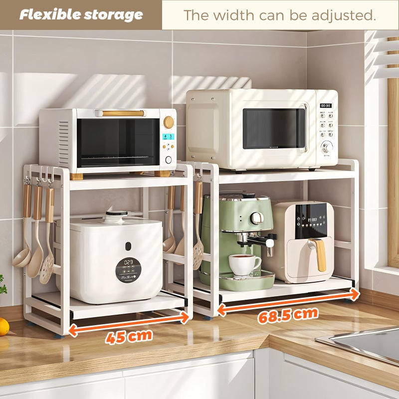 BeSokar 2-Tier Microwave Rack - Height Adjustable & Extendable Kitchen Shelf with Drawer - Carbon Steel - Includes Hooks & Reinforcement Suction Cups - Easy Assembly (White) - Image 4
