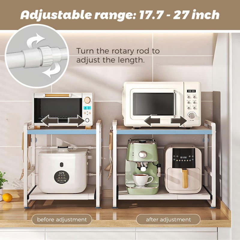 BeSokar 2-Tier Microwave Rack - Height Adjustable & Extendable Kitchen Shelf with Drawer - Carbon Steel - Includes Hooks & Reinforcement Suction Cups - Easy Assembly (White) - Image 5