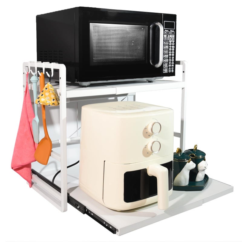 BeSokar 2-Tier Microwave Rack - Height Adjustable & Extendable Kitchen Shelf with Drawer - Carbon Steel - Includes Hooks & Reinforcement Suction Cups - Easy Assembly (White) - Image 1