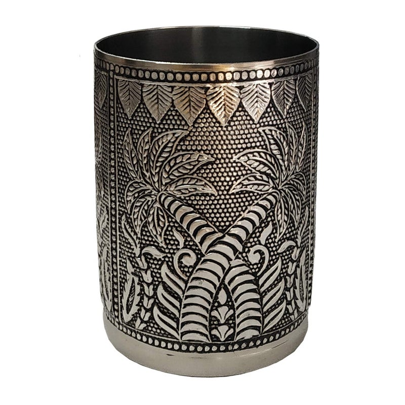 Newvent 3 Pc Coconut Tree Design Silver Steel Glass Silver Oxidise Meenakari Glass Hand Made Unbreakable Serving Glass 3 pcs Silver - Image 2