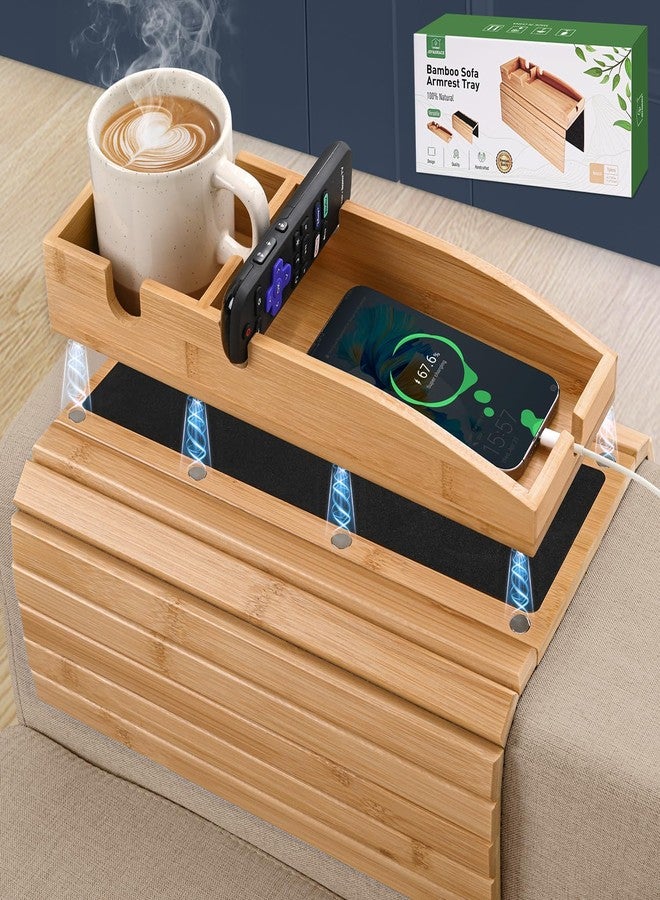 Joy&Grace حامل أكواب للأريكة من جوي آند جريس، صينية ذراع أريكة مغناطيسية قابلة للفصل 3 في 1، طاولة مسند ذراع أريكة من الخيزران مع وسادة مانعة للانزلاق، طاولة صينية مسند ذراع الأريكة (طبيعي) - Image 1