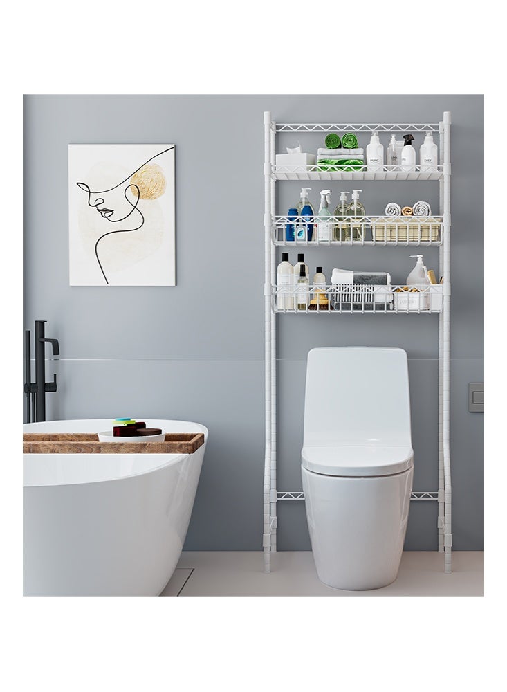 سولاكان رف تخزين حمام أبيض بثلاث طبقات فوق المرحاض، منظم موفر للمساحة، حامل فوق المرحاض مزود بسلتين، أبيض - Image 5