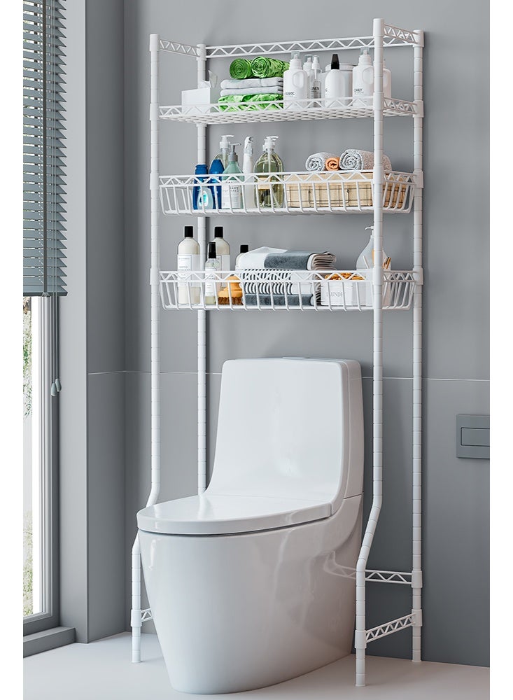 سولاكان رف تخزين حمام أبيض بثلاث طبقات فوق المرحاض، منظم موفر للمساحة، حامل فوق المرحاض مزود بسلتين، أبيض - Image 1