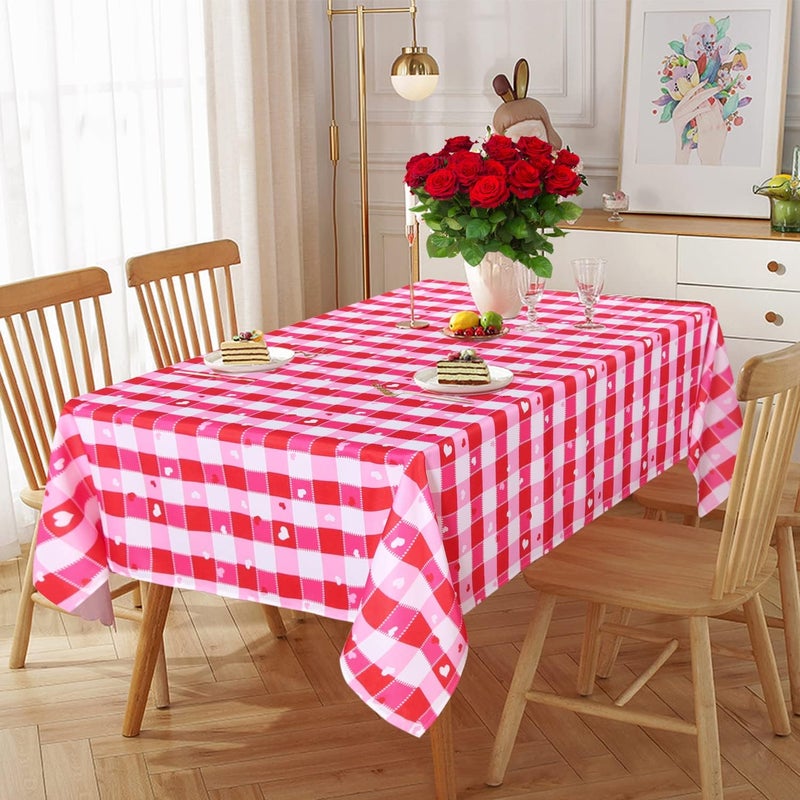 SARAFLORA V-Day Checkered Fabric Rectangle Table Cloth- 60 x 102 Inch -Polyester Heart Pattern Tablecloth, Table Cover Protector for Party, Wedding, Banquet Decoration Use, Red & White - Image 1