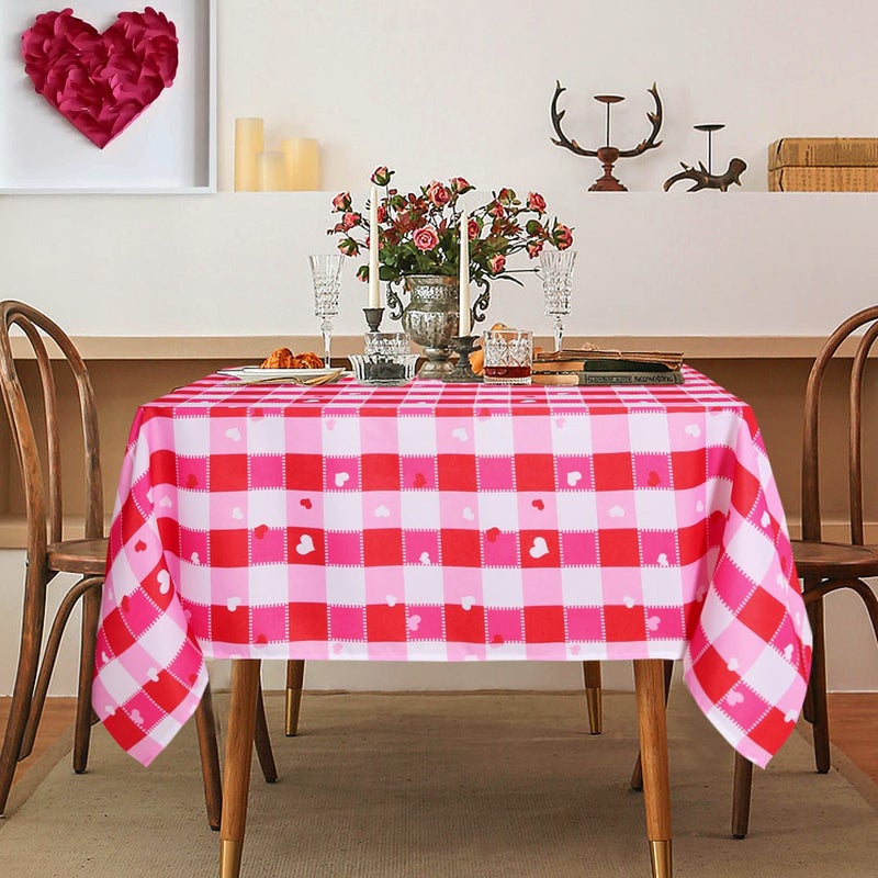 SARAFLORA V-Day Checkered Fabric Rectangle Table Cloth- 60 x 102 Inch -Polyester Heart Pattern Tablecloth, Table Cover Protector for Party, Wedding, Banquet Decoration Use, Red & White - Image 2