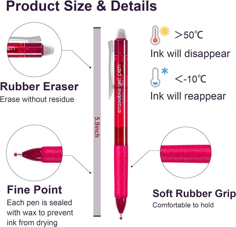 Lineon Erasable Gel Pens, 18 Colors Retractable Fine Point Erasable Pens Clicker, Assorted Color Inks, Make Mistakes Disappear for Drawing Writing Planner and Crossword Puzzles - Image 2