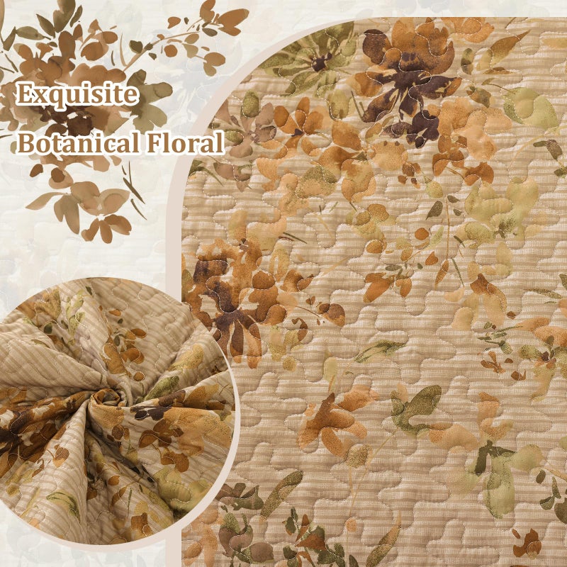 Dobuyly Quilt Set Queen Size, Khaki Floral Bedspreads Coverlet Set, 3 Pieces Soft Lightweight Microfiber Botanical Flowers Quilt Bedding Set for All Seasons 96"x90" - Image 4